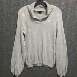 Prive Cashmere Sweater Womens M Gray Pink Floral Shawl Collar Preppy‎ Minimalist